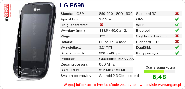 Dane telefonu LG P698
