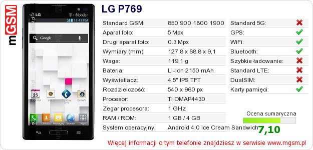 Dane telefonu LG P769
