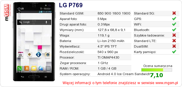 Dane telefonu LG P769