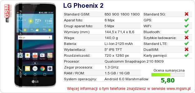 Dane telefonu LG Phoenix 2