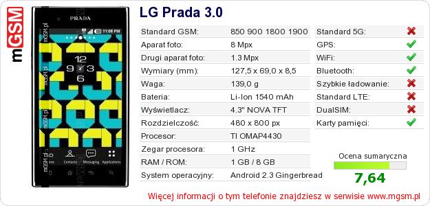 Dane telefonu LG Prada 3.0 Dane telefonu LG Prada 3.0