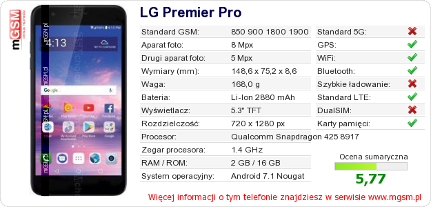 Dane telefonu LG Premier Pro