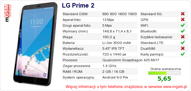 Dane telefonu LG Prime 2 Dane telefonu LG Prime 2