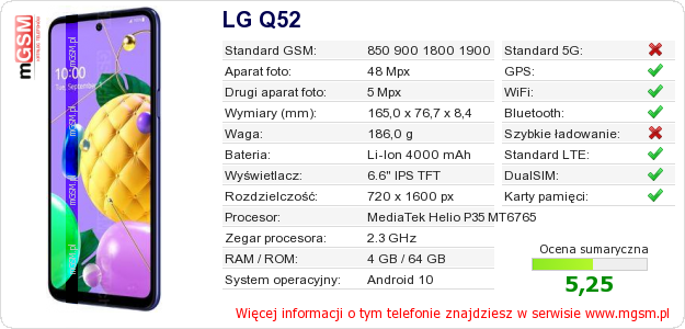 Dane telefonu LG Q52