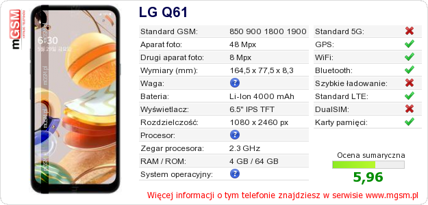 Dane telefonu LG Q61