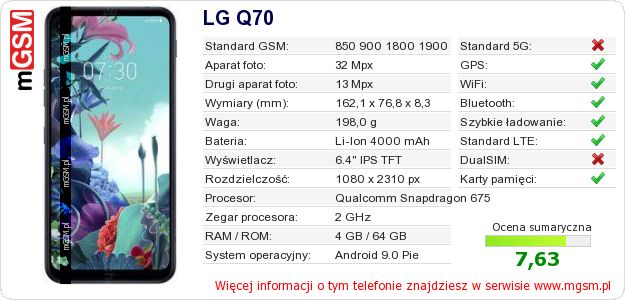 Dane telefonu LG Q70 Dane telefonu LG Q70