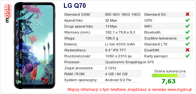 Dane telefonu LG Q70