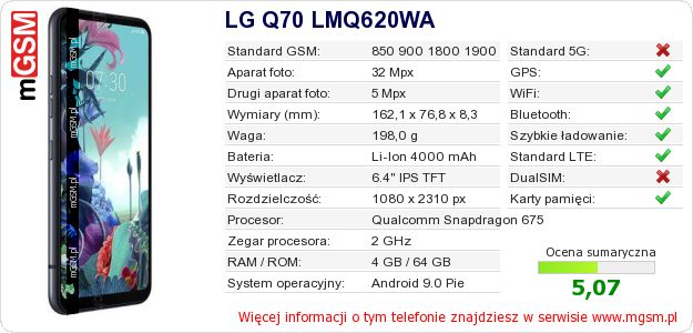 Dane telefonu LG Q70 LMQ620WA Dane telefonu LG Q70 LMQ620WA