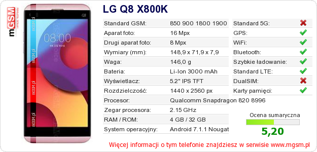 Dane telefonu LG Q8 X800K