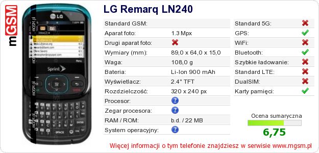 Dane telefonu LG Remarq LN240 Dane telefonu LG Remarq LN240