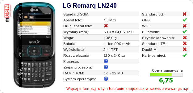 Dane telefonu LG Remarq LN240
