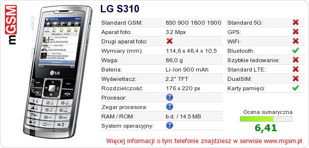 Dane telefonu LG S310
