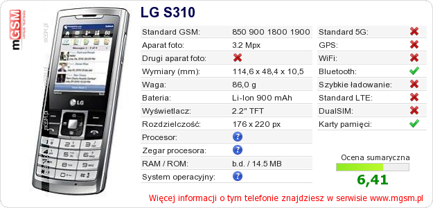 Dane telefonu LG S310