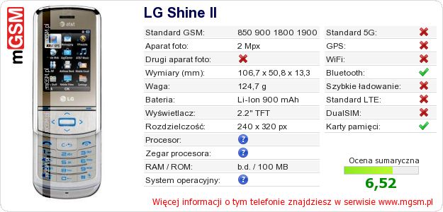 Dane telefonu LG Shine II Dane telefonu LG Shine II