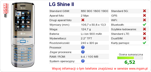 Dane telefonu LG Shine II