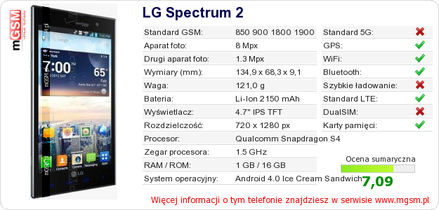 Dane telefonu LG Spectrum 2