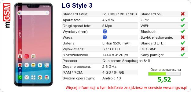 Dane telefonu LG Style 3