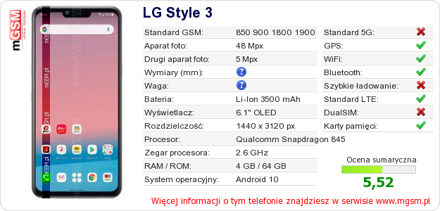 Dane telefonu LG Style 3 Dane telefonu LG Style 3