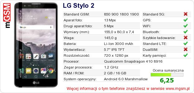 Dane telefonu LG Stylo 2