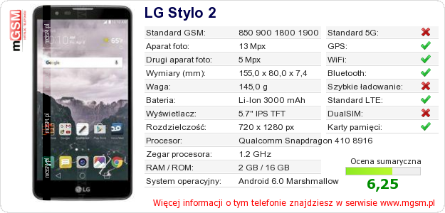 Dane telefonu LG Stylo 2