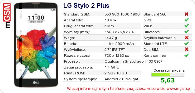 Dane telefonu LG Stylo 2 Plus