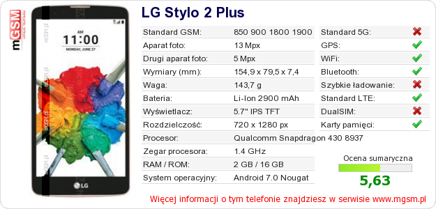 Dane telefonu LG Stylo 2 Plus