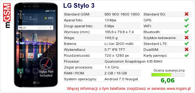 Dane telefonu LG Stylo 3 Dane telefonu LG Stylo 3