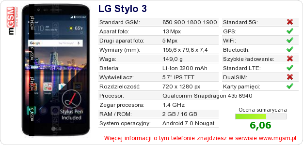 Dane telefonu LG Stylo 3