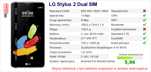 Dane telefonu LG Stylus 2 Dual SIM