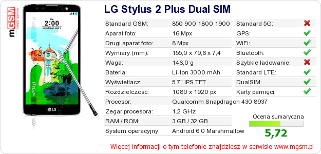 Dane telefonu LG Stylus 2 Plus Dual SIM Dane telefonu LG Stylus 2 Plus Dual SIM
