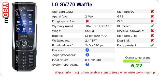 Dane telefonu LG SV770 Waffle Dane telefonu LG SV770 Waffle