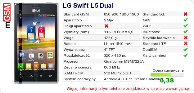 Dane telefonu LG Swift L5 Dual
