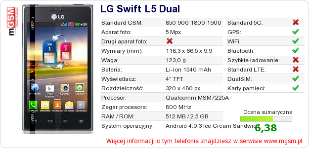 Dane telefonu LG Swift L5 Dual Dane telefonu LG Swift L5 Dual