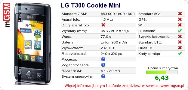 Dane telefonu LG T300 Cookie Mini Dane telefonu LG T300 Cookie Mini