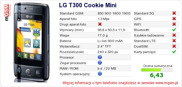 Dane telefonu LG T300 Cookie Mini Dane telefonu LG T300 Cookie Mini