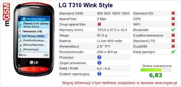 Dane telefonu LG T310 Wink Style Dane telefonu LG T310 Wink Style