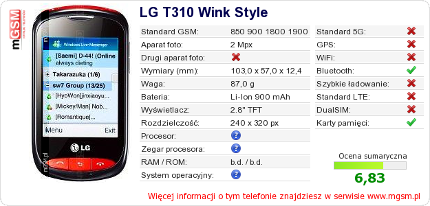 Dane telefonu LG T310 Wink Style