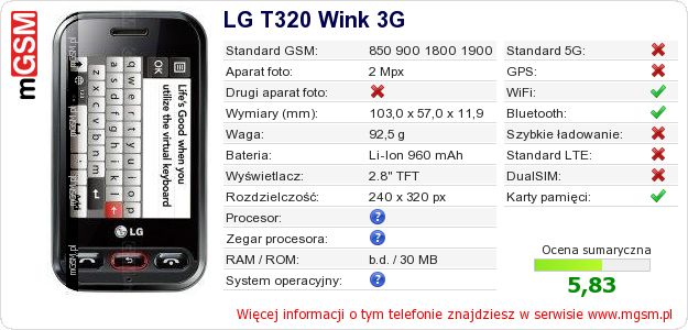 Dane telefonu LG T320 Wink 3G Dane telefonu LG T320 Wink 3G
