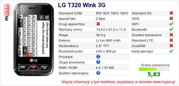 Dane telefonu LG T320 Wink 3G