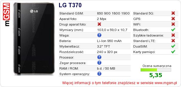 Dane telefonu LG T370 Dane telefonu LG T370