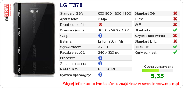 Dane telefonu LG T370
