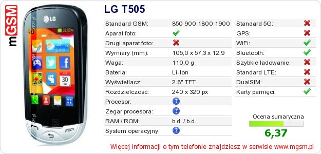 Dane telefonu LG T505 Dane telefonu LG T505