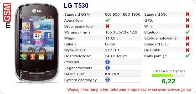 Dane telefonu LG T530 Dane telefonu LG T530