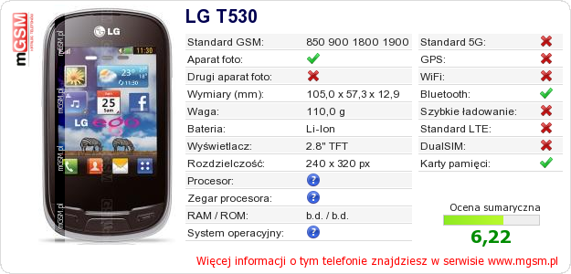 Dane telefonu LG T530