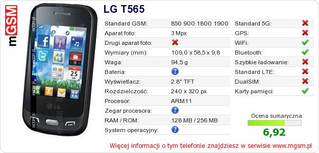 Dane telefonu LG T565 Dane telefonu LG T565