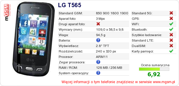 Dane telefonu LG T565