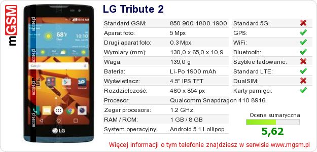 Dane telefonu LG Tribute 2 Dane telefonu LG Tribute 2