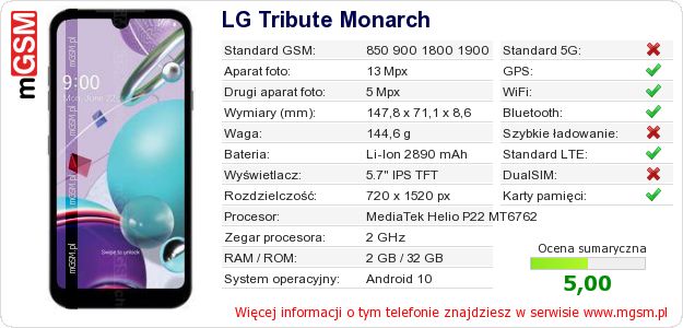 Dane telefonu LG Tribute Monarch Dane telefonu LG Tribute Monarch