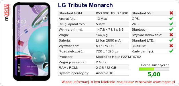Dane telefonu LG Tribute Monarch