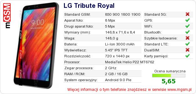 Dane telefonu LG Tribute Royal Dane telefonu LG Tribute Royal